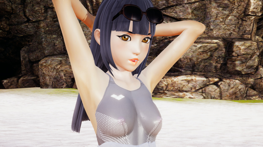 3d armpits beach breast hands_behind_head honey_select kingdom_hearts nipples roseza see-through skuld_(kingdom_hearts) sunglasses sunglasses_on_head swimsuit yellow_eyes