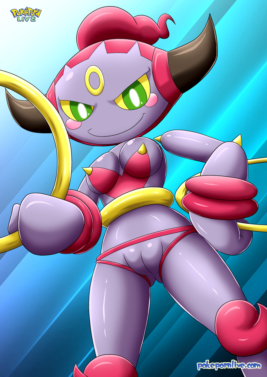 anthro breasts game_freak green_eyes hoopa looking_at_viewer pokemon pokemon_xy pokepornlive pussy simple_background spike_nipples