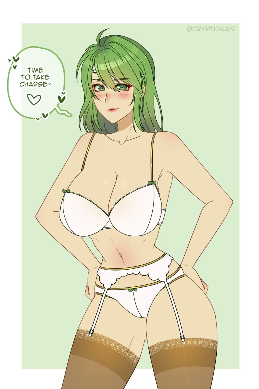 1girls alternate_costume assertive bare_shoulders bride cleavage collarbone cryptid_crab english_text fire_emblem fire_emblem:_thracia_776 garter_belt gentle_femdom green_eyes green_hair hand_on_hip hand_on_hips large_breasts lingerie looking_at_viewer medium_hair misha_(fire_emblem) nintendo panties picot_trim picot_trim_bra smile solo solo_female text thighhighs white_panties