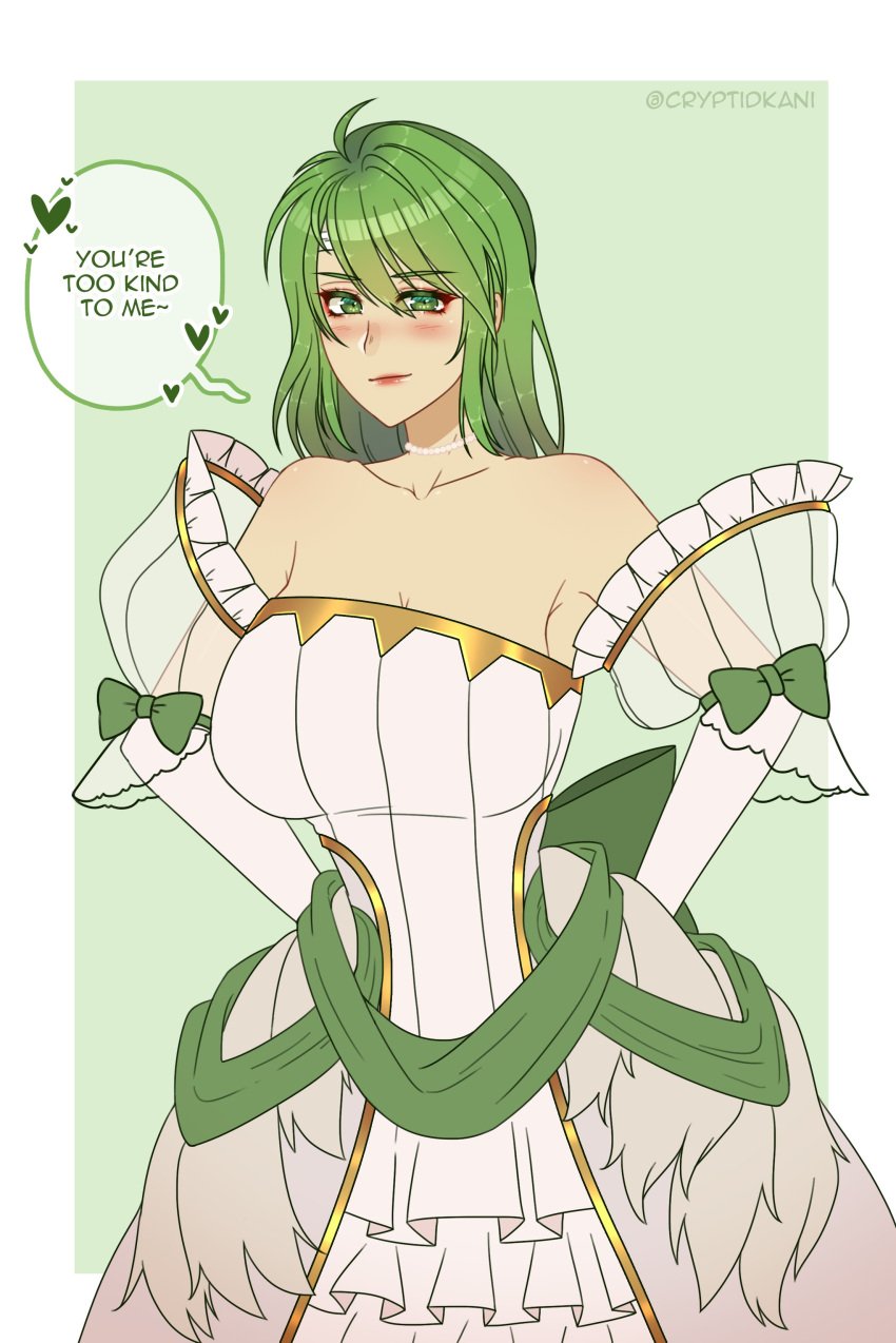 1girls alternate_costume bare_shoulders bride cleavage collarbone cryptid_crab detached_sleeves elbow_gloves english_text fire_emblem fire_emblem:_thracia_776 gloves green_eyes green_hair large_breasts looking_at_viewer medium_hair misha_(fire_emblem) necklace nintendo see-through smile solo solo_female text wedding_dress