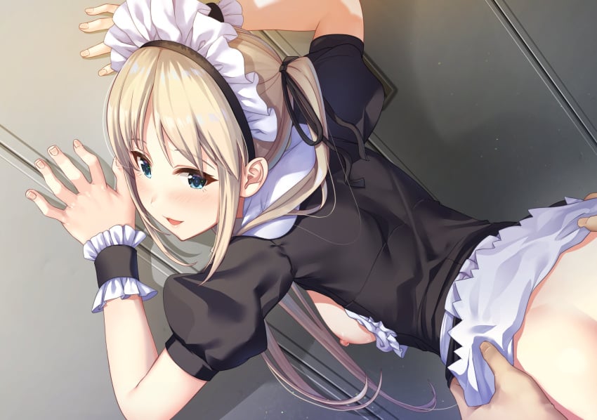 1boy anzu_(isekai_sakaba_no_sextet) apron bent_over blonde_hair blue_eyes blush breasts breasts_out clothed_sex cum cum_in_pussy female game_cg hair_ribbon happy_sex highres isekai_sakaba_no_sextet maid maid_apron maid_headdress medium_breasts nipples non-web_source overflow penis pussy ribbon sex sex_from_behind standing standing_sex straight thighhighs torso_grab twintails vaginal_penetration yamacchi