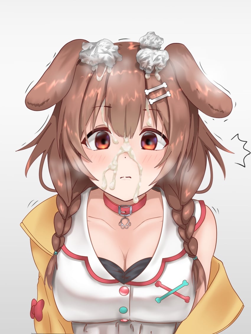 brown_hair cleavage collar cum cum_on_face dog_ears dog_girl hazel_eyes hololive hololive_gamers hololive_japan inugami_korone kemonomimi micon tissue twintails virtual_youtuber