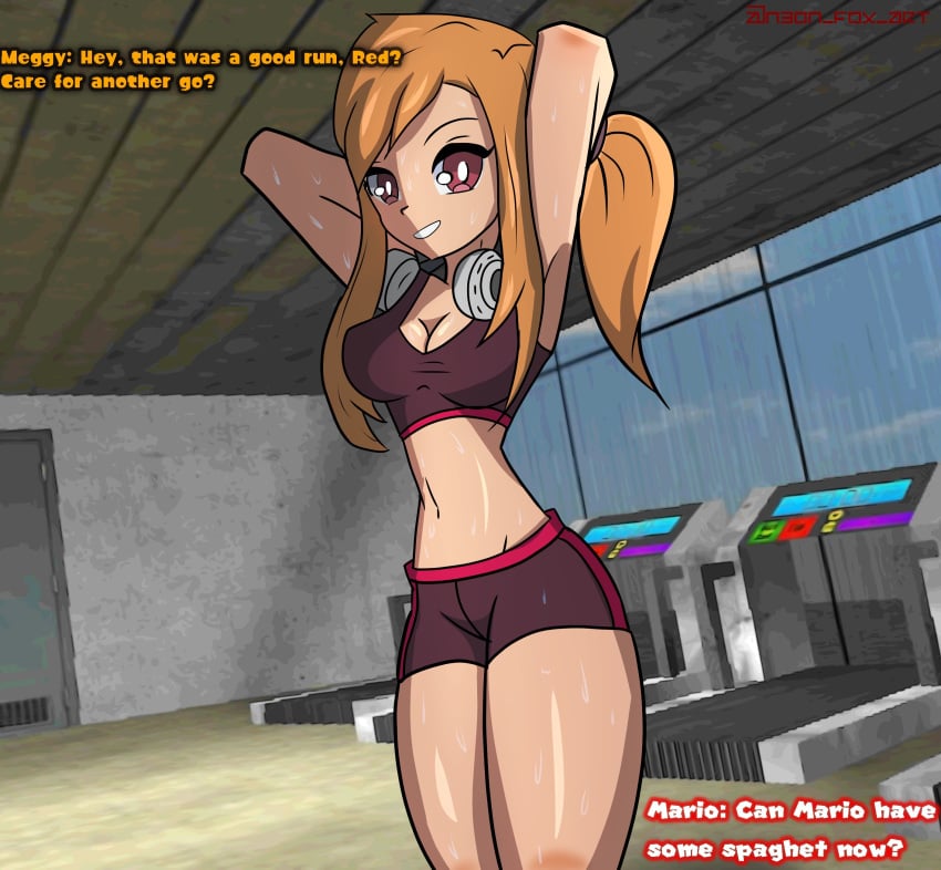 1girls english_text exercise_clothing female headphones human_meggy large_breasts meggy_spletzer n3fx orange_hair ponytail red_eyes smg4 tagme text