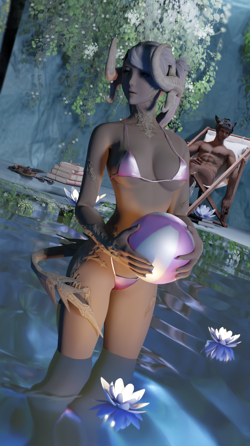 1boy 1girls 3d au_ra beach_ball blender cat_ears catboy cave condom final_fantasy final_fantasy_xiv horns masturbation miqo'te raen scales solaris swimsuit tail white_hair