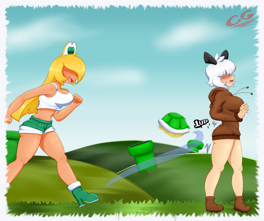 1up 2021 2girls 4_eyes absurd_res ahoge antenna_hair ass ass_slap bare_arms bare_legs bare_shoulders big_ass black_highlights blonde_hair blush boots breasts brown_clothing colagirl embarrassed female female_only goomba goomba_girl grass green_eyes hair_over_eyes high_heel_boots high_heels highlights highres hoodie kicking koopa koopa_girl koopa_shell large_breasts long_hair mario_(series) midriff multi_eye multiple_girls navel nintendo no_pants open_mouth outdoors panties pantyshot pantyshot_(standing) shell shirt shoes short_hair short_shorts shorts side_view sideboob signature smile standing super_mario_bros. surprised tan tank_top teeth thick_thighs thighs tongue turtle_shell underass underwear very_long_hair warp_pipe wavy_mouth white_border white_hair white_panties yuri