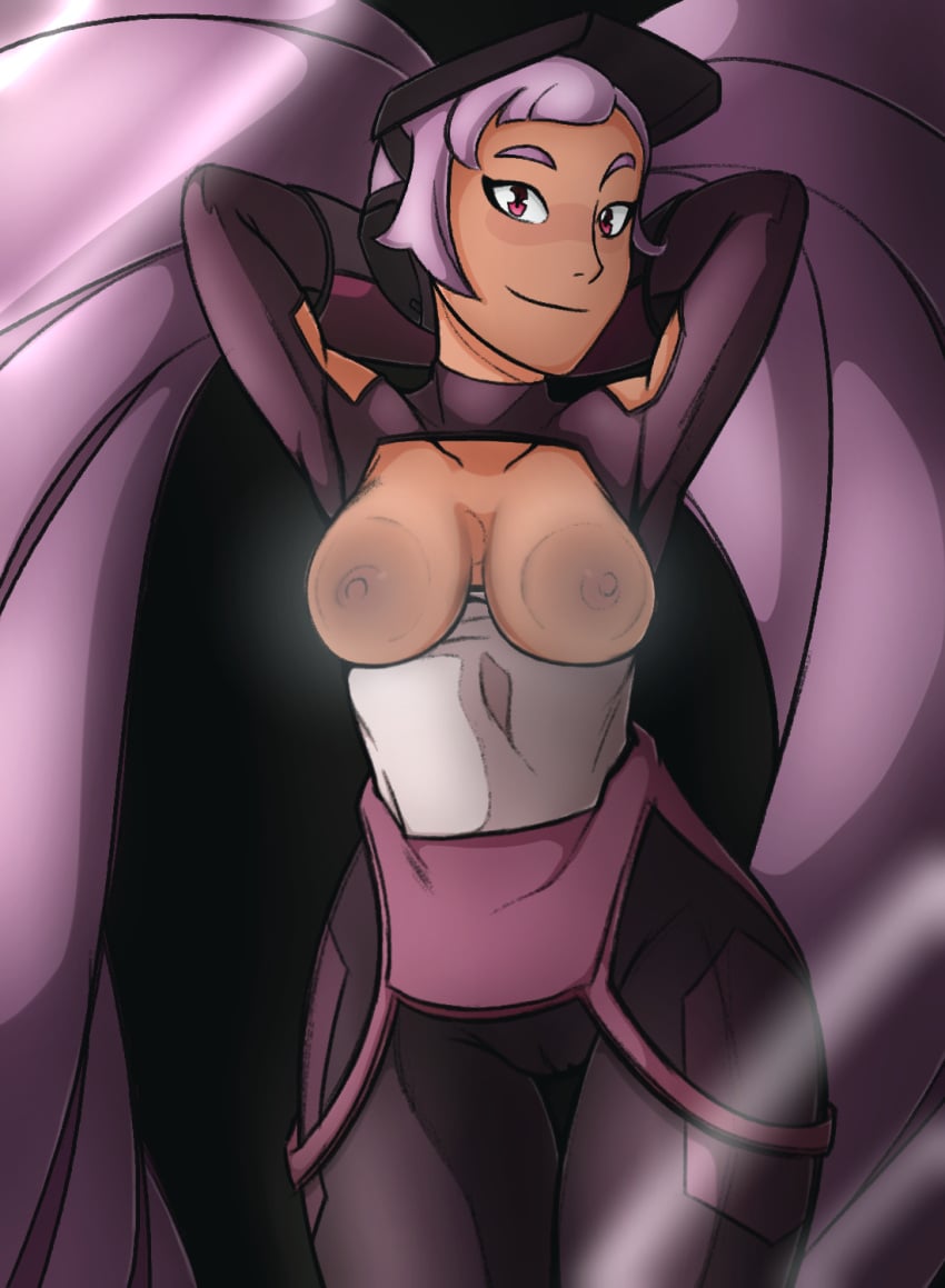 big_hips breast_squish breasts breasts_out brown_skin clothed entrapta female female_only glass hands_behind_head jupiterorange long_hair looking_at_viewer nipples purple_hair red_eyes seductive she-ra_and_the_princesses_of_power smile solo solo_female waist