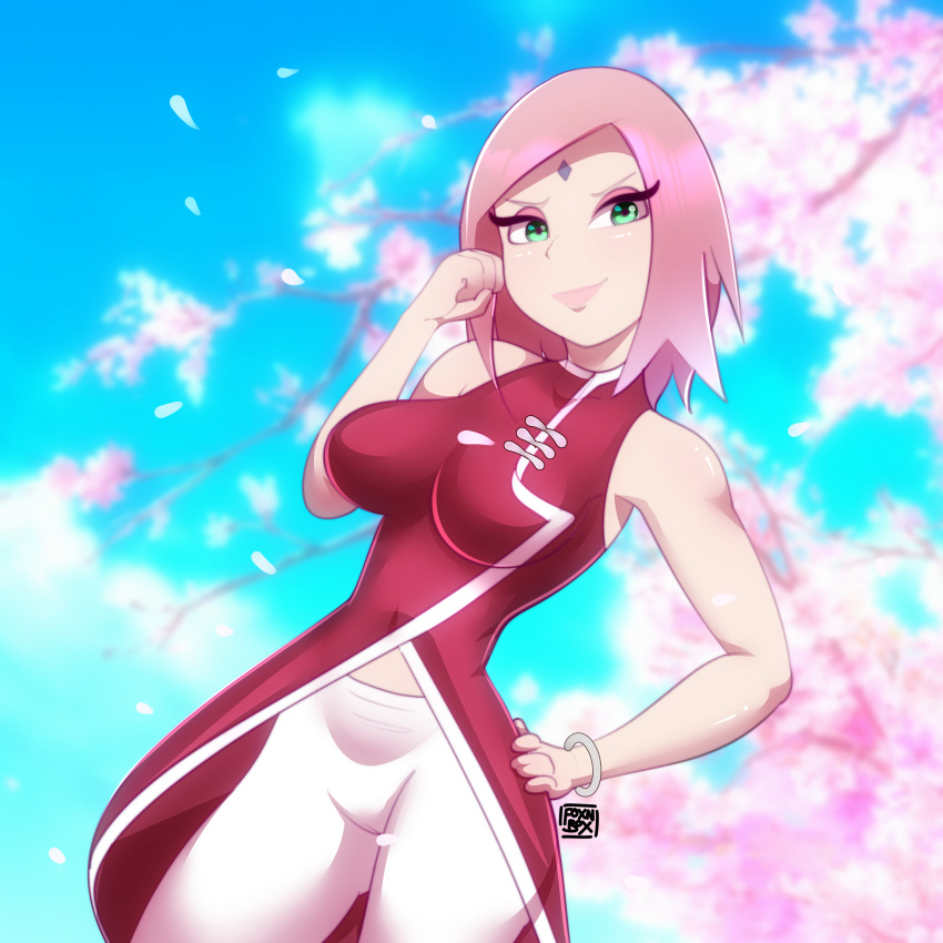 1girls alternate_version_available bare_arms bare_shoulders bob_cut boruto:_naruto_next_generations bracelet bracelets breasts cameltoe cherry_blossoms clothed clothing dress female female_focus female_only forehead_jewel forehead_mark foxnbox fully_clothed green_eyes hand_on_hip jeans lips lipstick looking_at_viewer mature mature_female medium_breasts medium_hair milf naruto naruto_(series) nature pale-skinned_female pale_skin perky_breasts pink_hair pink_lips pink_lipstick pinup pose posing sakura_haruno shoulder_length_hair shounen_jump sky sleeveless sleeveless_dress solo solo_female solo_focus standing thighs tight_clothing tight_pants white_pants wide_hips