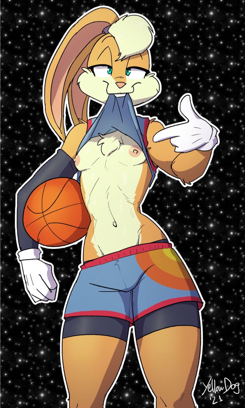 artbyyellowdog basketball female flashing_breasts furry green_eyes lola_bunny looney_tunes nude partially_clothed rabbit shorts small_breasts solo space_jam warner_brothers yellow_fur