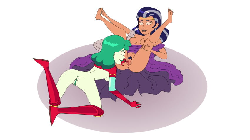 2girls anus boots captain_planet_and_the_planeteers crossover cunnilingus dark_skin female_only from_behind gaia_(captain_planet) green_hair green_skin legs_up multiple_girls planetina pubic_hair pussy red_footwear redlever rick_and_morty shrug_(clothing) spread_legs transparent_background uncensored yuri