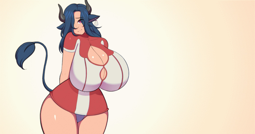 1girls animal_ears animal_tail animated big_breasts blue_hair blush bovine breast_expansion breasts breasts_bigger_than_head bursting_breasts commission cow_girl deztyle embarrassed expansion female female_only growth hips horns huge_breasts hyper hyper_breasts large_breasts monster_girl popped_button simple_background solo solo_female thick thick_thighs thighs top_heavy unski113d wide_hips