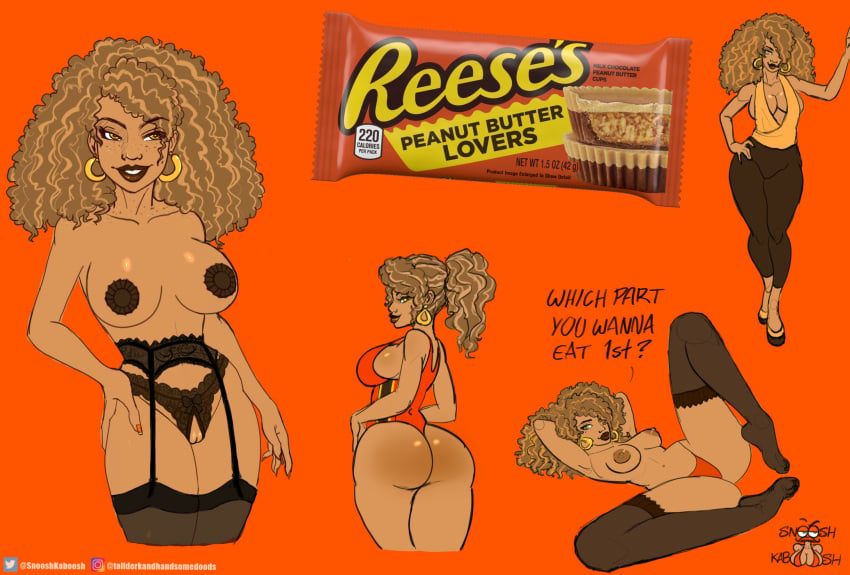 earrings freckles frizzy_hair garter_belt leggings lingerie pasties peanut_butter reese's reese's_peanut_butter_cups snooshkaboosh stockings swimsuit tan_skin yellow_eyes