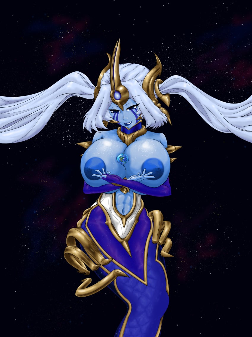 between_breasts breast_expansion cosmic_destiny_nami cosmic_series earth giantess huge_breasts khazadrim league_of_legends mermaid mermaid_giantess nami_(league_of_legends) nipples outer_space planet planet_between_breasts space stars