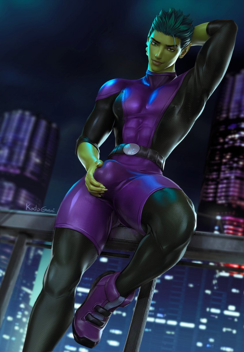 arm_up artist_signature balcony balls_under_clothes balls_visible_through_clothing beast_boy big_balls big_bulge bulge clothed dc dc_comics flaccid fully_clothed gasaiv green_eyes green_hair green_skin hand hand_on_bulge hand_on_penis kodogasai long_nails looking_at_viewer male male_only muscles muscular muscular_male nails nipples nipples_visible_through_clothing outdoors outside pants pecs penis_under_clothes penis_visible_through_pants shirt shoes slicked_back_hair smile solo solo_male thick_thighs titans