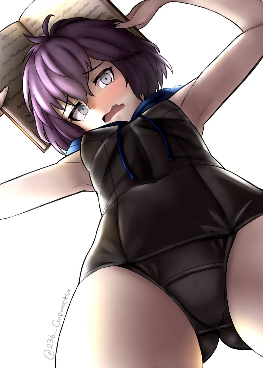 1girls absurdres ahoge alternate_costume ass bernadetta_von_varley black_swimsuit blush book breasts embarrassed female female_only fire_emblem fire_emblem:_three_houses from_below gupunetsu highres looking_at_viewer looking_down nintendo one-piece_swimsuit open_mouth purple_hair scared school_swimsuit shadow short_hair simple_background small_breasts solo swimsuit wavy_hair wavy_mouth