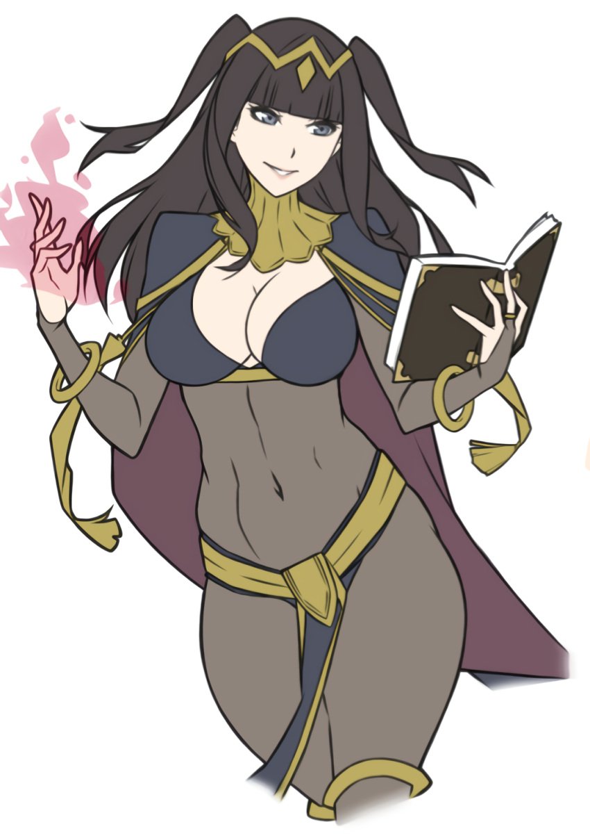 1girls black_hair bodystocking book breasts cape cleavage crimeglass female fire_emblem fire_emblem_awakening highres holding holding_book holding_object loincloth milf navel nintendo simple_background smile source_request tharja_(fire_emblem) upscaled white_background x-teal