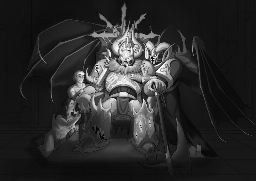 1girls 3boys admiration admiring armor bisexual breast_fondling chaos_(warhammer) chaos_space_marine female fur_scarf grayscale greyscale helmet horned_helmet kissing_hand lewdbees_(artist) long_hair male_focus power_armor size_difference throne warhammer_(franchise) warhammer_40k