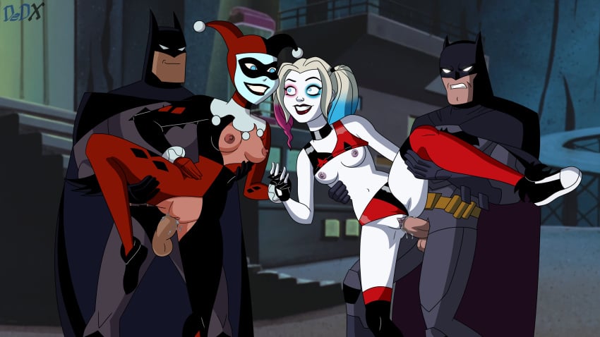 2boys 2d 2girls areolae artist_signature batman batman:_the_animated_series batman_(bruce_wayne) batman_(series) batquinn blonde_hair blue_eyes bruce_wayne cape choker clothing couple crossover cum cum_in_pussy dc dc_comics dcau dedx domino_mask erect_nipples exposed_breasts exposed_penis exposed_pussy female footwear foursome handwear happy_sex harleen_quinzel harley_quinn harley_quinn_(2019) harley_quinn_(classic) harley_quinn_(series) holding_hands holding_leg human leg_lift lipstick makeup male male/female navel pale_skin panties panties_aside penetration pink_pussy sex shaved_pussy shoes smile smirk square_crossover standing_sex stockings straight superhero the_new_batman_adventures twintails vaginal_penetration vaginal_sex