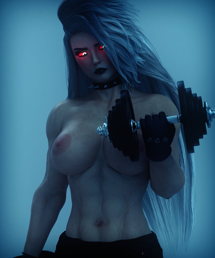 3d abs big_breasts black_lipstick buff collar dariastrongs dashie116 female female_only fingerless_gloves glowing_eyes helluva_boss human human_loona humanized large_breasts lipstick long_hair loona_(helluva_boss) muscular muscular_female red_eyes spiked_collar tagme topless vivienne_medrano weightlifting weights white_hair