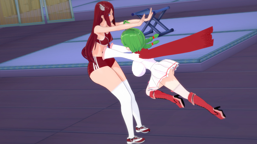 2girls 3d ahoge alternate_breast_size blue_eyes braided_hair cape cordelia_(fire_emblem) dojo dress female female_only fight fire_emblem fire_emblem_awakening garter_straps green_hair gut_punch gym_uniform hair_ornament huge_breasts koikatsu long_hair manakete multiple_girls nah_(fire_emblem) nintendo panties pantyshot pointy_ears punch red_hair rhcpftw shortstack small_breasts sports_bra stockings thick_thighs thighhighs upskirt white_panties wide_hips