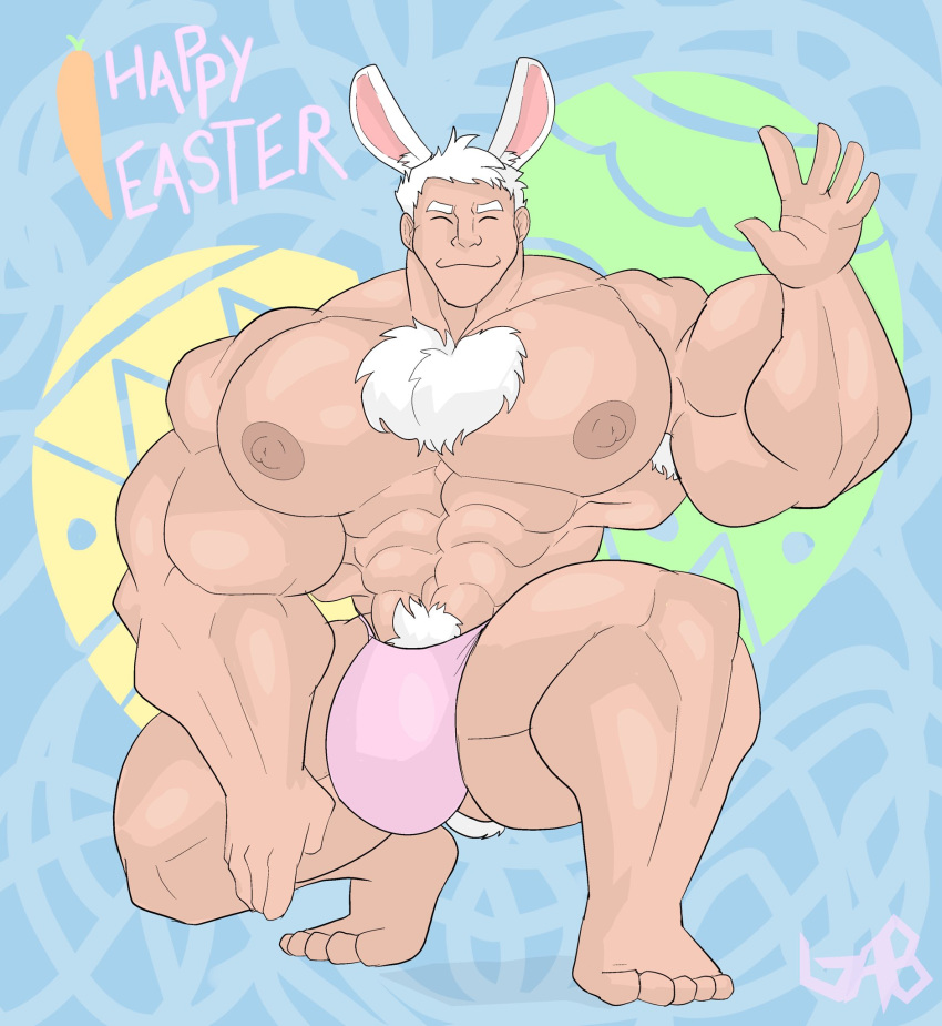 abs armpit_hair balls_on_ground bara bench_press biceps bulge chest_hair chest_tuft easter eyes_closed flaccid foreskin furry furry_only gab_art growing growth gym hairy_armpits happy happy_easter hyper hyper_balls hyper_genitalia hyper_muscles hyper_penis hyper_testicles male male_focus male_only muscles muscular muscular_anthro muscular_arms muscular_back muscular_legs muscular_male muscular_thighs nipples pubic_hair rabbit smile solo solo_male white_hair