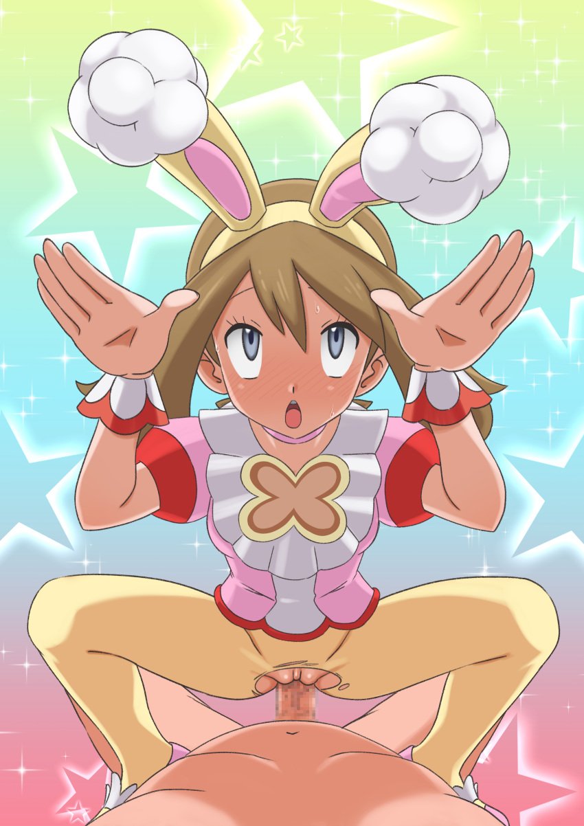 1boy 1girls absurdres animal_ears bangs brown_hair bunny_ears bunny_pose censored choker clothed_female_nude_male commentary_request eyelashes fake_animal_ears female grey_eyes hairband hands_up highres may_(pokemon) miraa_(chikurin) mosaic_censoring nude official_alternate_costume open_mouth pantyhose penis pink_choker pink_footwear pink_shirt pokemon pokemon_(game) pokemon_masters pokemon_masters_ex pussy rolling_eyes sex shirt shoes short_sleeves sparkle spread_legs spring_may_(pokemon_masters) squatting_cowgirl_position star_(symbol) straight sweat tongue torn_clothes torn_legwear upper_teeth vaginal_penetration wrist_cuffs yellow_hairband yellow_legwear