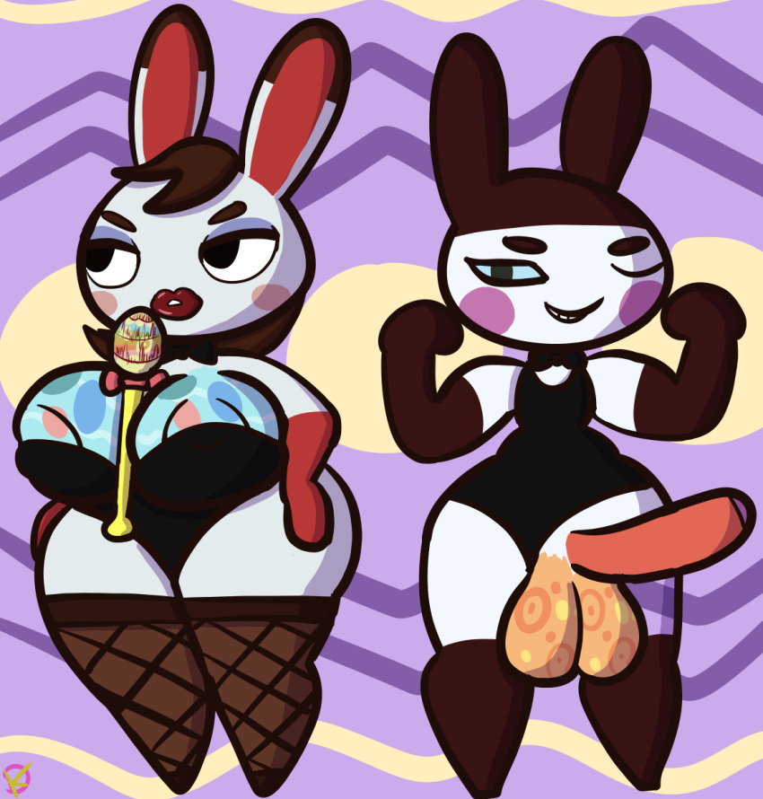 2021 animal_crossing big_ass big_breasts big_penis brown_hair genji_(animal_crossing) klutzatdusk nintendo rabbit stockings tiffany_(animal_crossing) white_fur