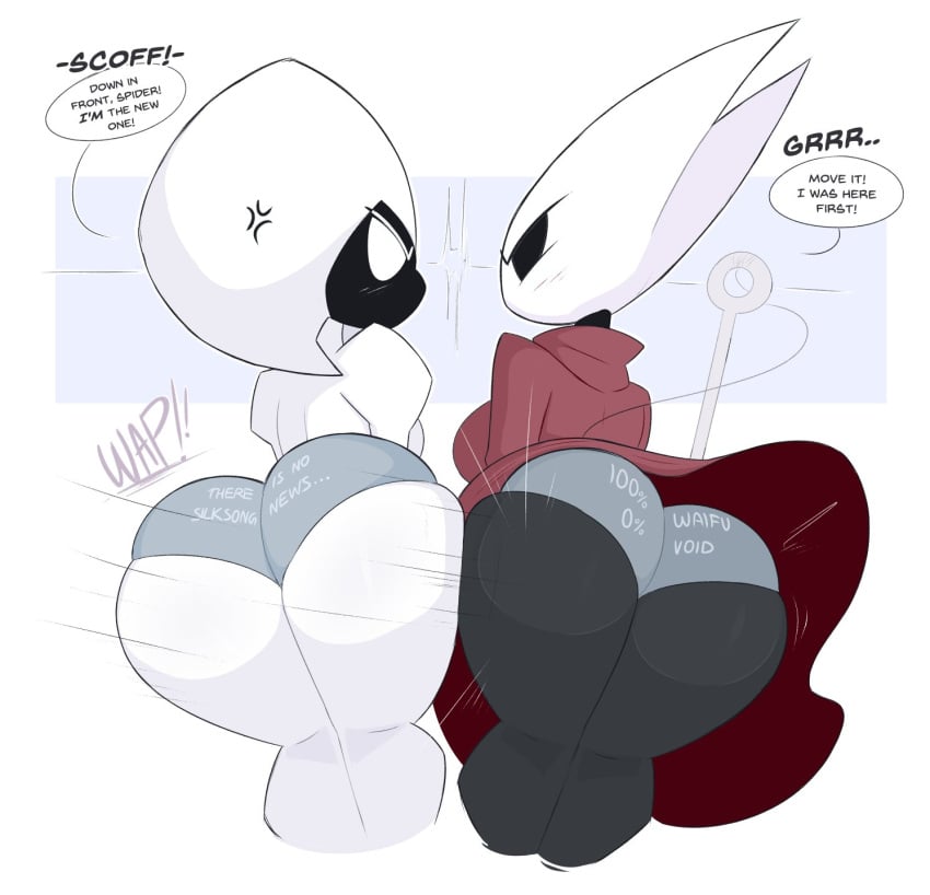 2girls angry anthro ass ass_focus big_ass black_body black_eyes black_skin blush breasts butt_bump cape cloak clothed dialogue duo empty_eyes english_text female female/female female_only hollow_knight horn hornet_(hollow_knight) horns insect insect_girl insects kilinah lace_(hollow_knight) looking_at_another motion_lines no_pupils panties red_cape rivals silksong speech_bubble text thick_thighs white_body white_eyes wide_hips