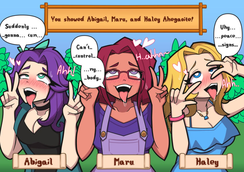 3girls abigail_(stardew_valley) ahe_gao big_breasts blonde_hair blue_eyes blush body_control choker cleavage double_v drooling english_text female female_only glasses haley_(stardew_valley) hypnosis looking_up maru_(stardew_valley) mind_control multiple_girls overalls peace_sign purple_hair red_hair saliva stalx_(artist) stardew_valley tongue tongue_out v western_art