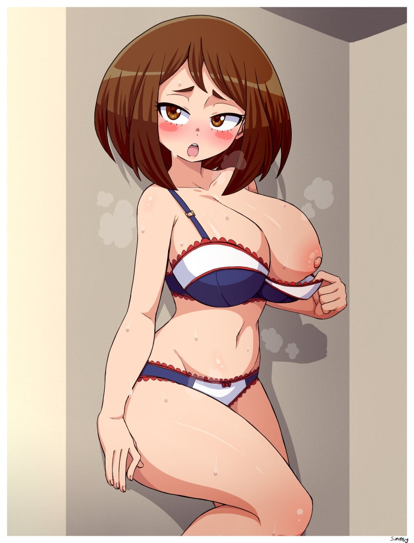 1girls areolae big_breasts blush bra breasts brown_eyes brown_hair busty female female_only heat_(temperature) large_breasts my_hero_academia nipples ochako_uraraka panties simmsy solo solo_female sweat teenager underwear