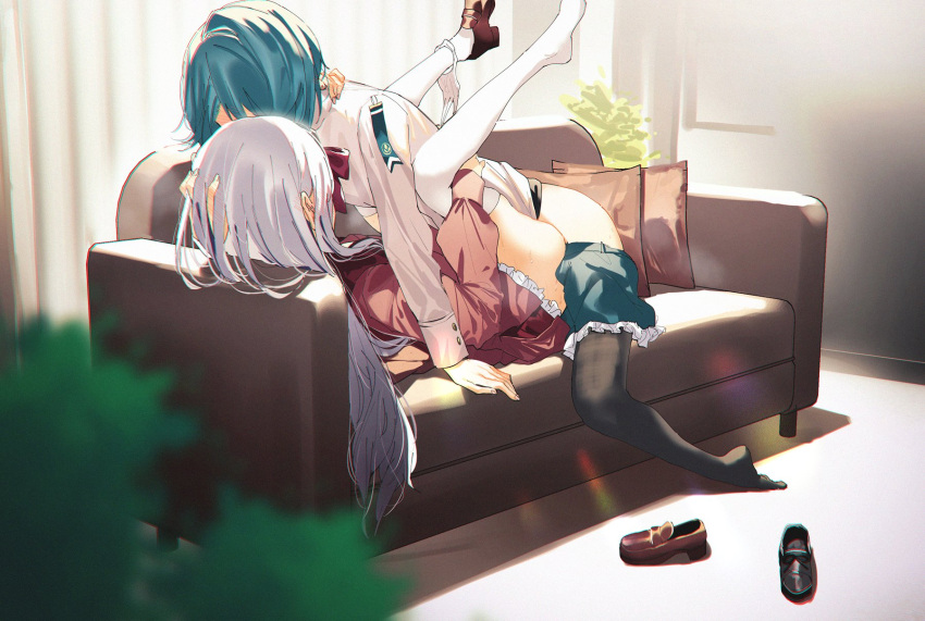 1futa 2girls aizawa_kazuha arm_around_neck arm_support arm_up assault_lily black_footwear black_legwear blue_hair blue_skirt blurry blurry_foreground blush blush_visible_through_hair bow bowtie brown_footwear chromatic_aberration clothed clothes_lift clothes_pull clothing couch covered_face cowgirl_position curtains cushion day duo ear_blush facing_away female folded frilled_skirt frills futa_on_female futa_with_female futanari hand_in_hair hand_on_another's_head highres human implied_futanari indoors jacket kanba_girls_high_school_uniform kon_kanaho legs_up lens_flare light-skinned_female light-skinned_futanari light_skin loafers long_hair long_sleeves miniskirt missionary mostly_clothed multiple_girls on_couch orihi_chihiro pale_skin panties panties_around_one_leg partially_clothed plant red_bow red_neckwear red_shirt red_skirt school_uniform sex shadow shiny shiny_hair shirt shoe_removed shoes short_hair silver_hair single_shoe skirt skirt_lift skirt_pull sweat thighhighs underwear very_long_hair white_jacket white_legwear white_panties yuri