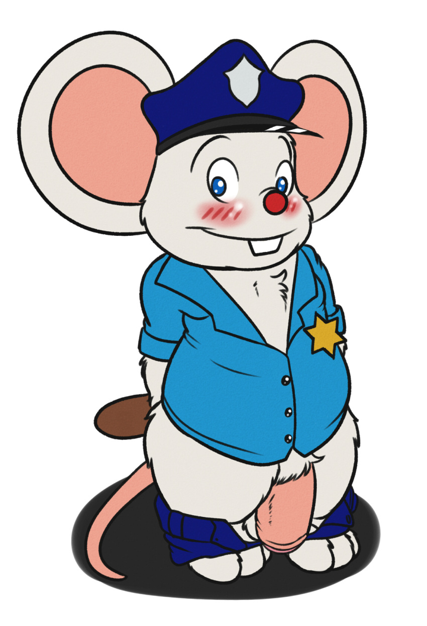 2015 anthro balls blue_eyes blush bottomwear clothing emenius flaccid fur genitals hat headgear headwear hi_res male mammal mappy mappy_(character) mouse murid murine pants penis police police_badge police_hat police_uniform rodent shirt simple_background slightly_chubby solo topwear uniform video_games white_background white_body white_fur