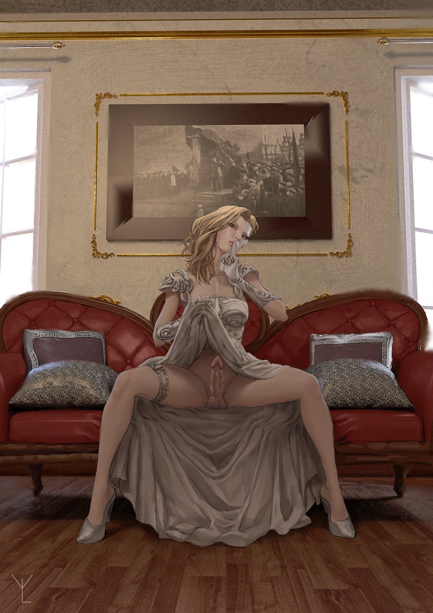 blonde_hair breasts dress dress_lift erection finger_to_mouth futanari intersex light-skinned_futanari lips looking_at_viewer presenting_penis seductive shh sitting sofa solo spread_legs yellow_eyes ylvish_(ylvy) ylvy