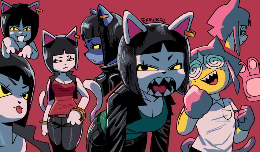 :3 big_breasts black_belt black_hair black_jacket black_pants black_vest bracelets cat_smile catgirl catgirl_(ennuikal) collage cute_fang ear_ring ennuikalart green_shirt monster_girl oc original original_character raven_hair red_background red_shirt sharp_teeth simple_background simple_coloring simple_eyes simple_shading slim_waist tagme thick_thighs tongue_out white_fur yellow_sclera
