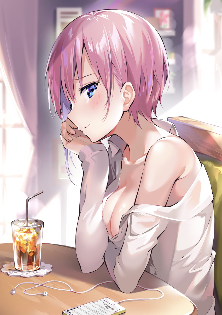 ale_nqki arm_support bangs bare_shoulders bendy_straw blue_eyes blurry blurry_background blush breasts cable cellphone chair clavicle closed_mouth collared_shirt cup curtains day depth_of_field dress_shirt drink drinking_glass drinking_straw earbuds earphones eyebrows_visible_through_hair eyelashes female female fingernails go-toubun_no_hanayome hair_between_eyes hand_on_own_cheek head_rest high_resolution ice indoors large_breasts light_rays long_sleeves looking_at_viewer nail_polish nakano_ichika no_bra off_shoulder open_clothes open_shirt phone photo_(object) pink_hair pink_nails pixiv_id_14212838 shiny shiny_skin shirt short_hair sideways_glance sitting smartphone smile solo sunbeam sunlight table tagme very_high_resolution white_shirt window wing_collar