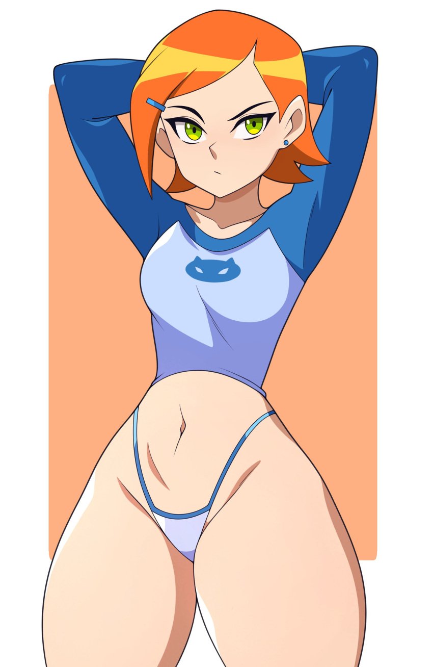 1girls abysswatchers arms_behind_head arms_up bare_thighs ben_10 blue_clothing blue_shirt bottomless cartoon_network female_only ginger green_eyes gwen_tennyson highleg_panties hourglass_figure navel no_pants panties red_hair shirt short_hair short_orange_hair small_breasts stomach string_panties thick thick_thighs wide_hips