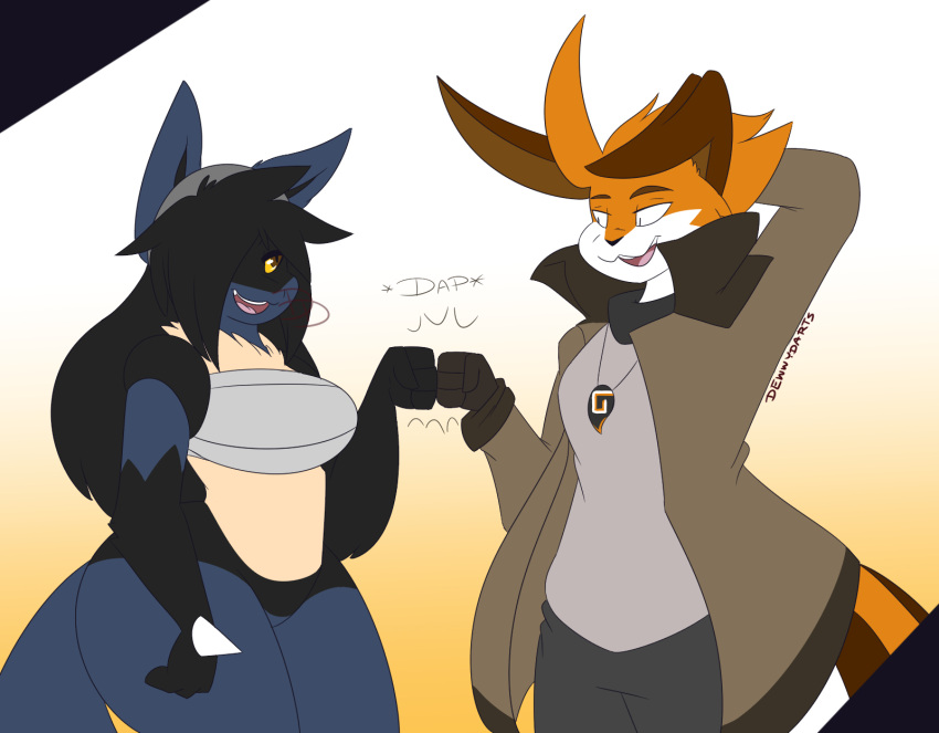 anthro ass breasts dee(dewwydartz) dewwydarts dewwydartz female fist_bump fox furry game_freak hourglass_figure lucario nintendo pokemon pokemon_(species) recktyromania thick_thighs wide_hips