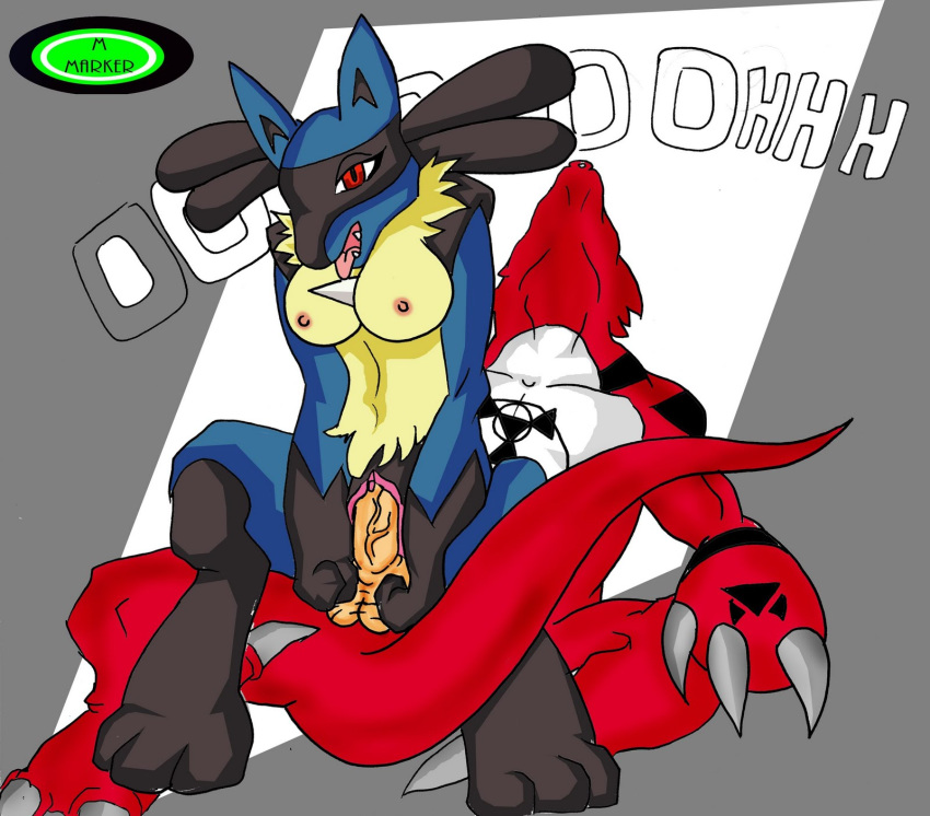 color crossover digimon female fur furry guilmon interspecies lucario m_marker male nintendo penis pokemon pokemon_(species) sex straight vaginal_penetration vulva