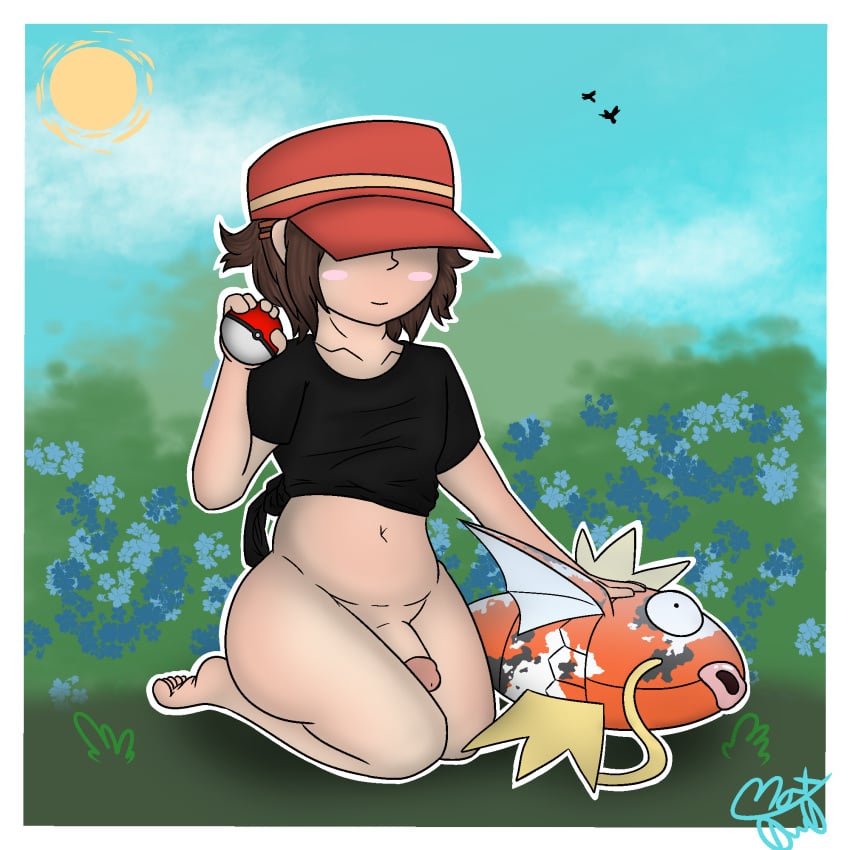 1boy brown_hair cock collarbone cute dick femboy half-dressed half_naked magikarp male male_focus male_only max0w0 outdoors pokeball pokemon pokemon_species smile smooth_skin solo solo_male thick_penis thick_thighs tied_shirt trainer