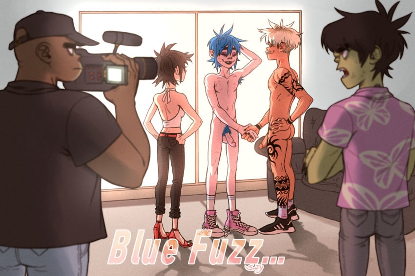 1girls 2boys 2d 2d_(gorillaz) 4boys black_hair blue_hair cameraman_13 clothed_female clothed_male crossed_arms english_text flaccid_penis gay gorillaz green_skin light_skin male male/male male_only movie_camera multiple_boys murdoc_niccals naked_footwear naked_shoes naked_sneakers nude nude_male one_punch_titty paula_cracker_(gorillaz) penis recording ren_valentine russel_hobbs shaking_hands shoes sneakers socks_and_shoes tattoos yaoi