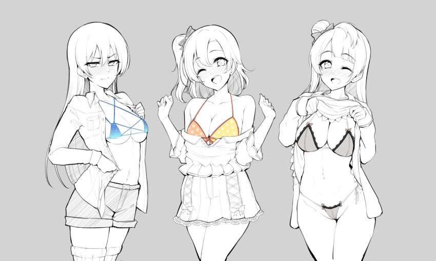 3girls belly_button big_breasts blush breasts flashing kousaka_honoka long_hair love_live! love_live!_school_idol_project minami_kotori multiple_girls panties pulling_up_dress pulling_up_shirt sian sonoda_umi swimsuit