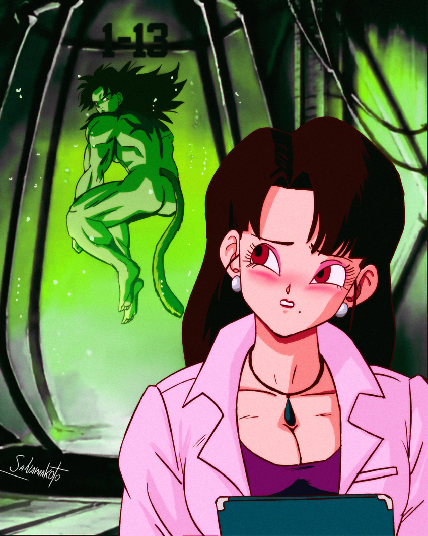 1boy 1girls ass beauty_mark black_hair blush breasts broly brown_hair cleavage clothed_female clothed_female_nude_male clothing dragon_ball dragon_ball_z earrings embarrassed eyeshadow horny labcoat lipstick long_hair looking_back makeup muscular_male nain nude_male pink_labcoat red_eyes saiyan salvamakoto spiky_hair