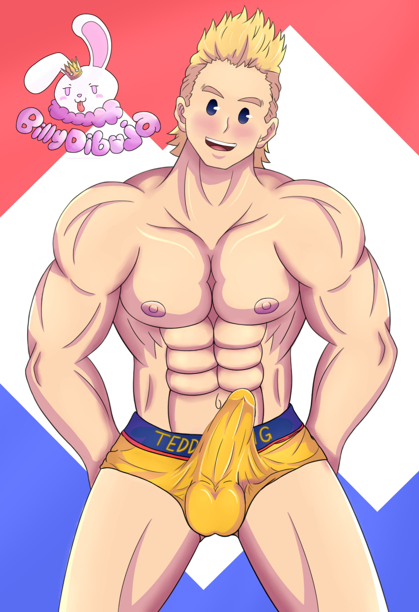 1boy 1male bara big_penis billydibuja blonde_hair bulge erection_under_clothes male male_only male_underwear mirio_togata muscular muscular_male my_hero_academia penis solo solo_male testicles underwear yellow_underwear