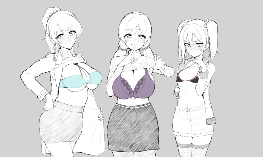 3girls ayase_eli belly_button big_breasts blush breasts flashing large_breasts love_live! love_live!_school_idol_project multiple_girls ponytail pulling_up_shirt sian small_breasts swimsuit toujou_nozomi twintails yazawa_nico