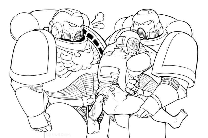 3boys adeptus_astartes anal armor ass ass_focus astra_militarum back back_view big_penis black_and_white blush cum cum_drip cum_on_ass gay gay_sex guardsman_(warhammer_40k) helmet huff imperial_guard imperium_of_man implied_anal implied_sex large_penis lewdbees_(artist) line_art male_focus masked masked_male multiple_boys penis penis_out size_difference space_marine thigh_grab thigh_hold warhammer_(franchise) warhammer_40k yaoi