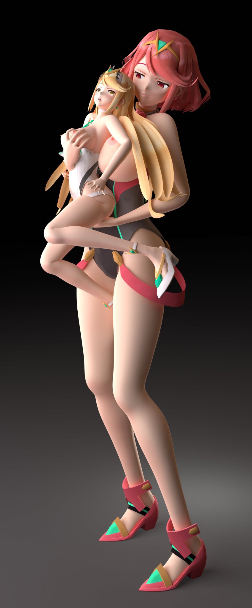 2girls 3d areola areolae breast_grab breasts breasts_out exposed_breasts female female_only huge_breasts large_ass larger_female mythra nintendo no_bra pale-skinned_female pale_skin pyra size_difference sliceofsize smaller_female thick thick_ass thick_thighs wardrobe_malfunction wide_hips xenoblade_(series) xenoblade_chronicles_2