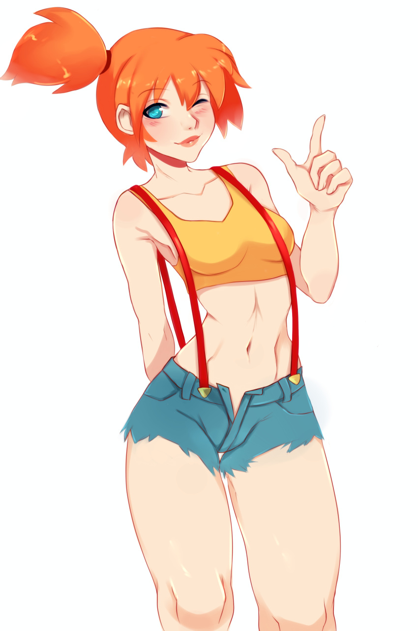 abs blush blushing breasts female female_focus female_only kasumi_(pokemon) midriff nintendo orange_hair pokemon pokemon_rgby pokemon_sm rosefromsin shorts solo solo_female solo_focus stomach undressing wink