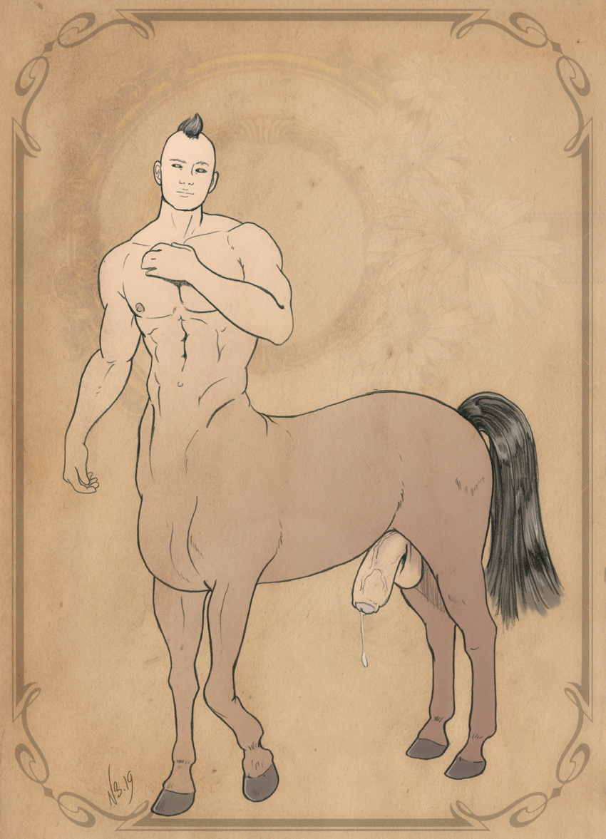 1boy abs balls big_penis black_sclera brown_fur centaur equine equine_legs erect_nipples erection foreskin full_body horse horse_tail humanoid humanoid_penis light-skinned_male light_skin male male_nipples male_only mohawk mohawk_(hairstyle) muscles muscular muscular_arms muscular_male navel nicolas_brunet nipples partially_retracted_foreskin pecs penis precum precum_drip precum_string semi-erect solo solo_male taur testicles uncircumcised uncut veiny_penis