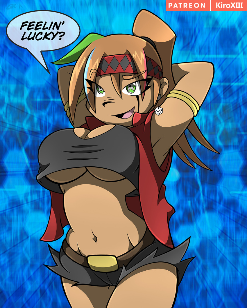 armbands belly_button belt boob_window brunette cosplay dark-skinned_female dice duke_devlin earrings female green_eyes headband jewelry kiroxiii minishorts multicolored_hair otogi_ryuuji ponytail rika_dimensional_ninja speech_bubble underboob unusual_pupils watermark yu-gi-oh! yu-gi-oh!_duel_links