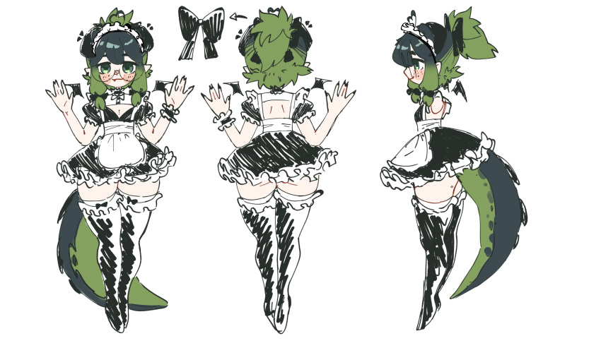 1boy big_ass big_butt blush comfypai femboy glasses green_eyes green_hair green_scales maid maid_uniform male male_only pale-skinned_male pale_skin suggestive thighhighs