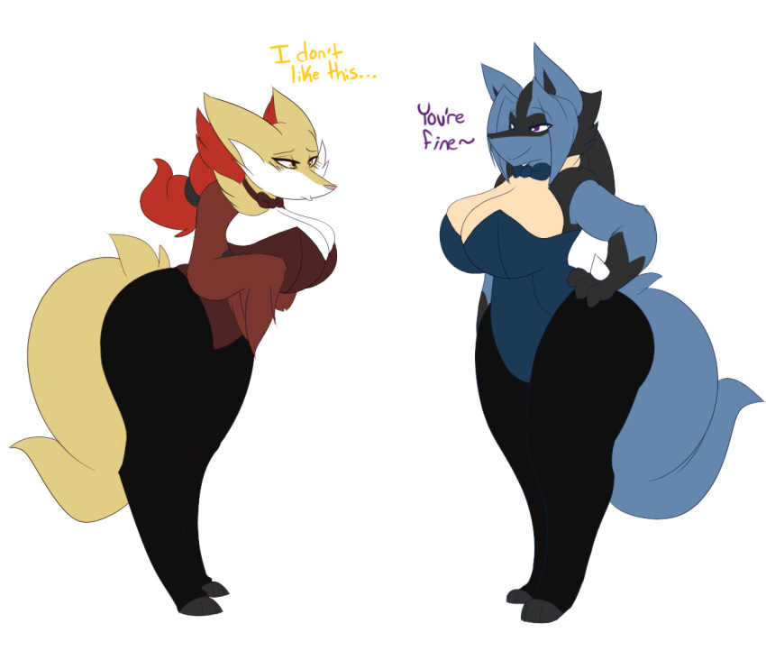 2girls alternate_breast_size ass big_breasts breasts bunnysuit delphox dewwydartz female furry hourglass_figure lucario maggie(dewwydartz) may_(dewwydartz) pokemon pokemon_(species) thick_thighs wide_hips